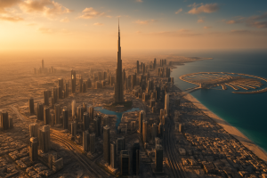 Aerial view of Dubai skyline at sunset featuring Burj Khalifa and Palm Jumeirah, perfect backdrop for 2025 adventure experiences