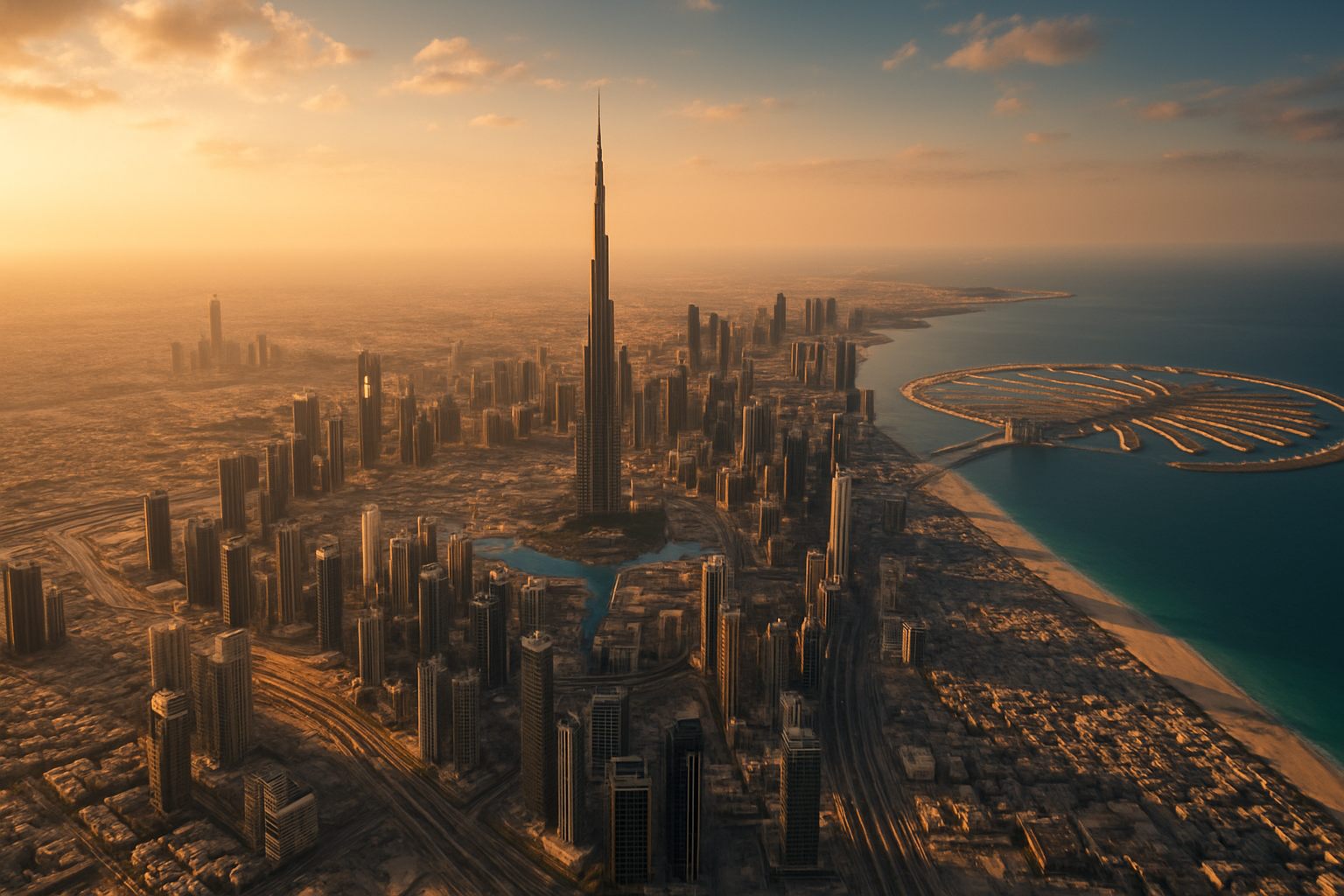 Aerial view of Dubai skyline at sunset featuring Burj Khalifa and Palm Jumeirah, perfect backdrop for 2025 adventure experiences