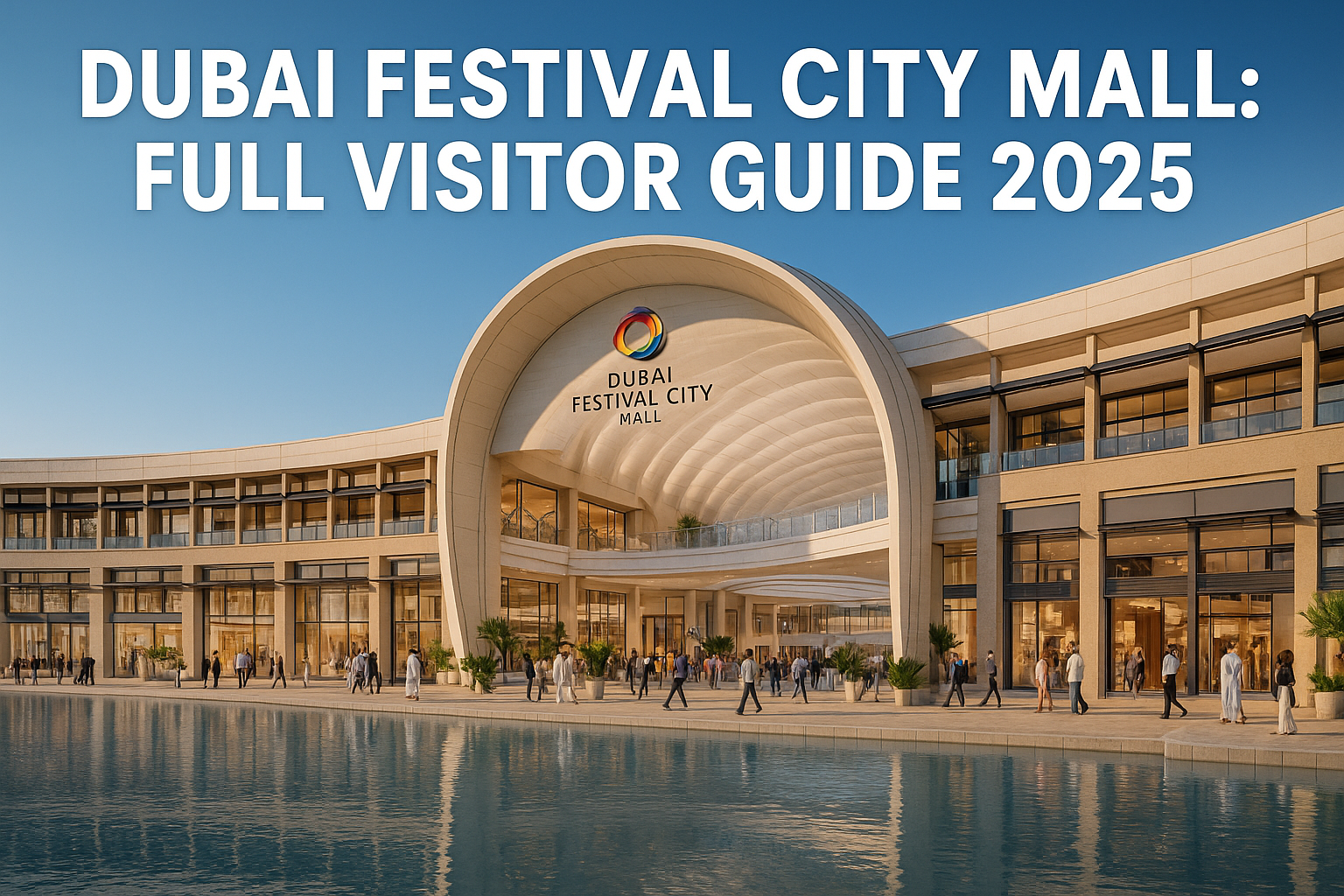 Front view of Dubai Festival City Mall with visitors walking near waterfront, captured on a sunny day – 2025 travel guide visual