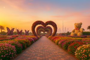 Dubai Miracle Garden 2025 at sunrise featuring heart-shaped floral arches, butterfly sculptures, and a giant flower teddy bear with Burj Khalifa skyline in background