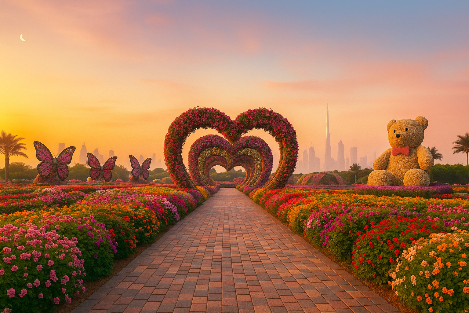 Dubai Miracle Garden 2025 at sunrise featuring heart-shaped floral arches, butterfly sculptures, and a giant flower teddy bear with Burj Khalifa skyline in background